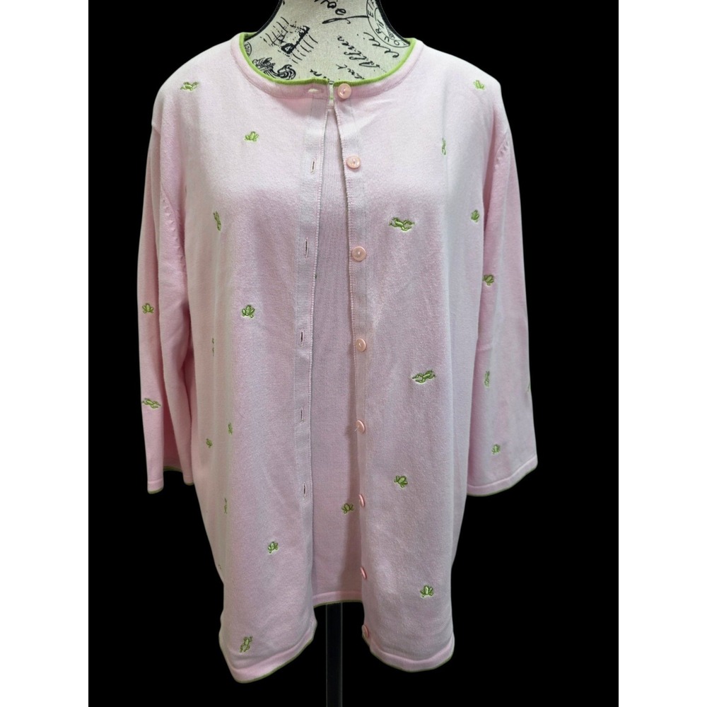 CJ Banks Vintage Pink Frog Embroidered Twin Set Cardigan Tank Top 1X 100% Cotton